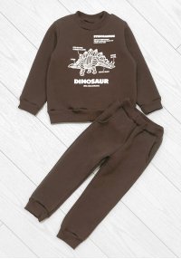 Костюм спортивный теплый для мальчика с принтом динозавр коричневый трехнитка