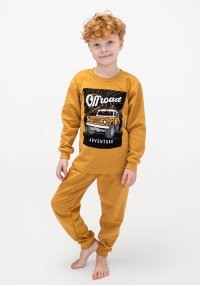 Пижама для мальчика теплая с принтом offroad горчичная однотонная начес