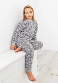 Пижама для девочки теплая звездочки серые велсофт (махра)